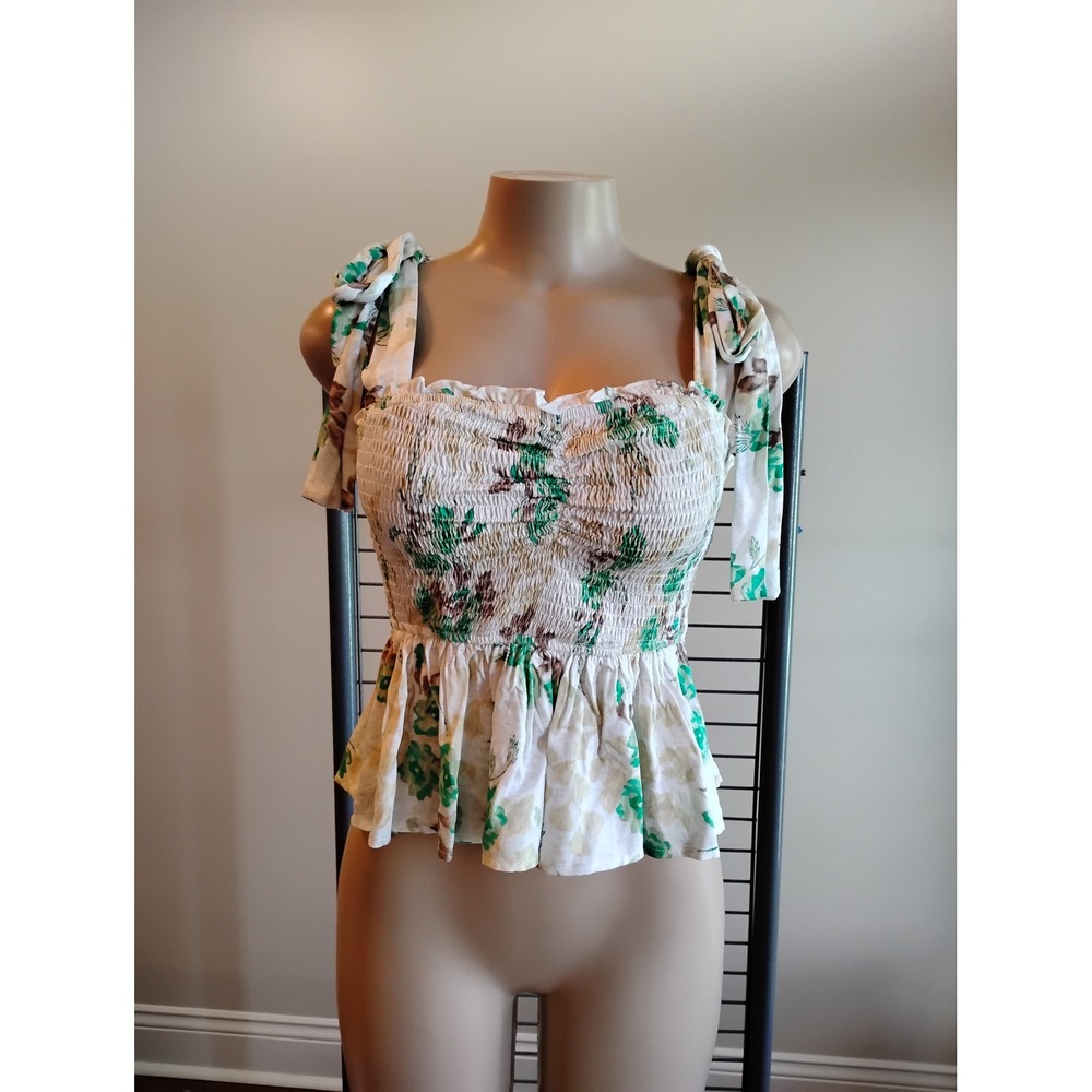 Entro Green Floral Smocked Peplum Tie Shoulder Top T22876 Womens Small